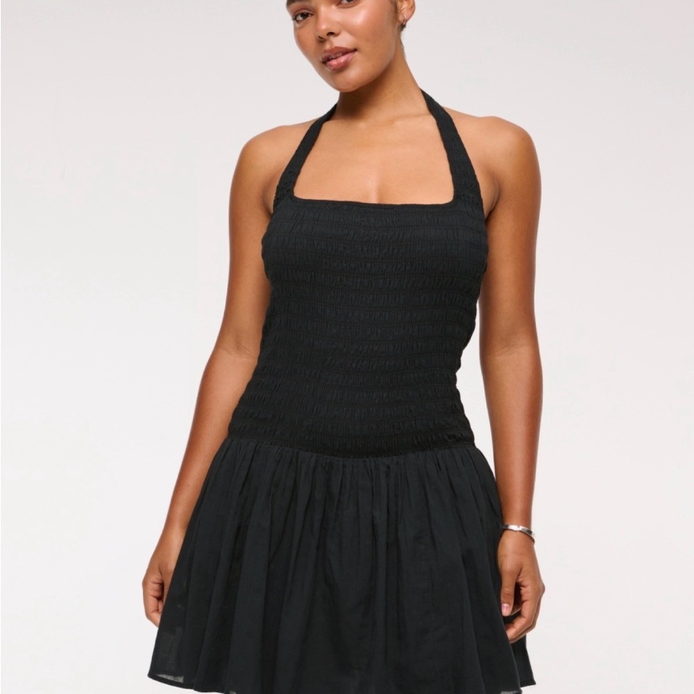 Black Halter Smocked Bodice Mini Dress